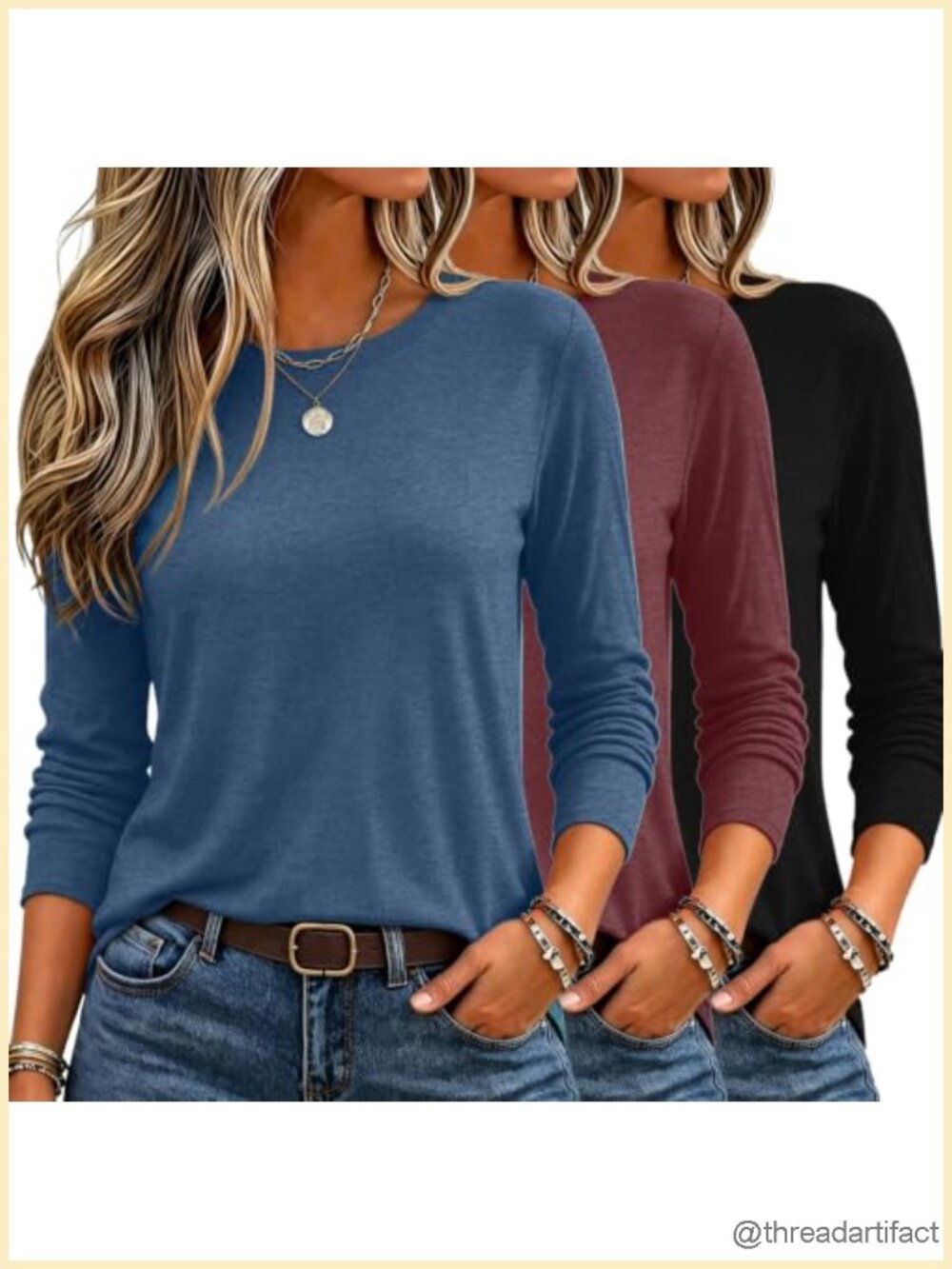 3 Pack Long Sleeve Crewneck Basic Tee Tops Soft Stretchy T-Shirts